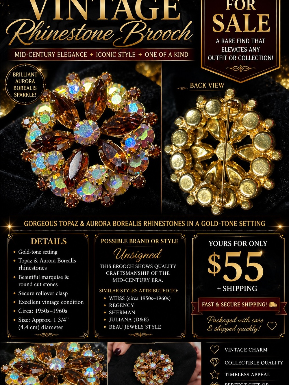 Unsigned Vintage Juliana Gold-Tone Topaz & Aurora Borealis Rhinestone Brooch